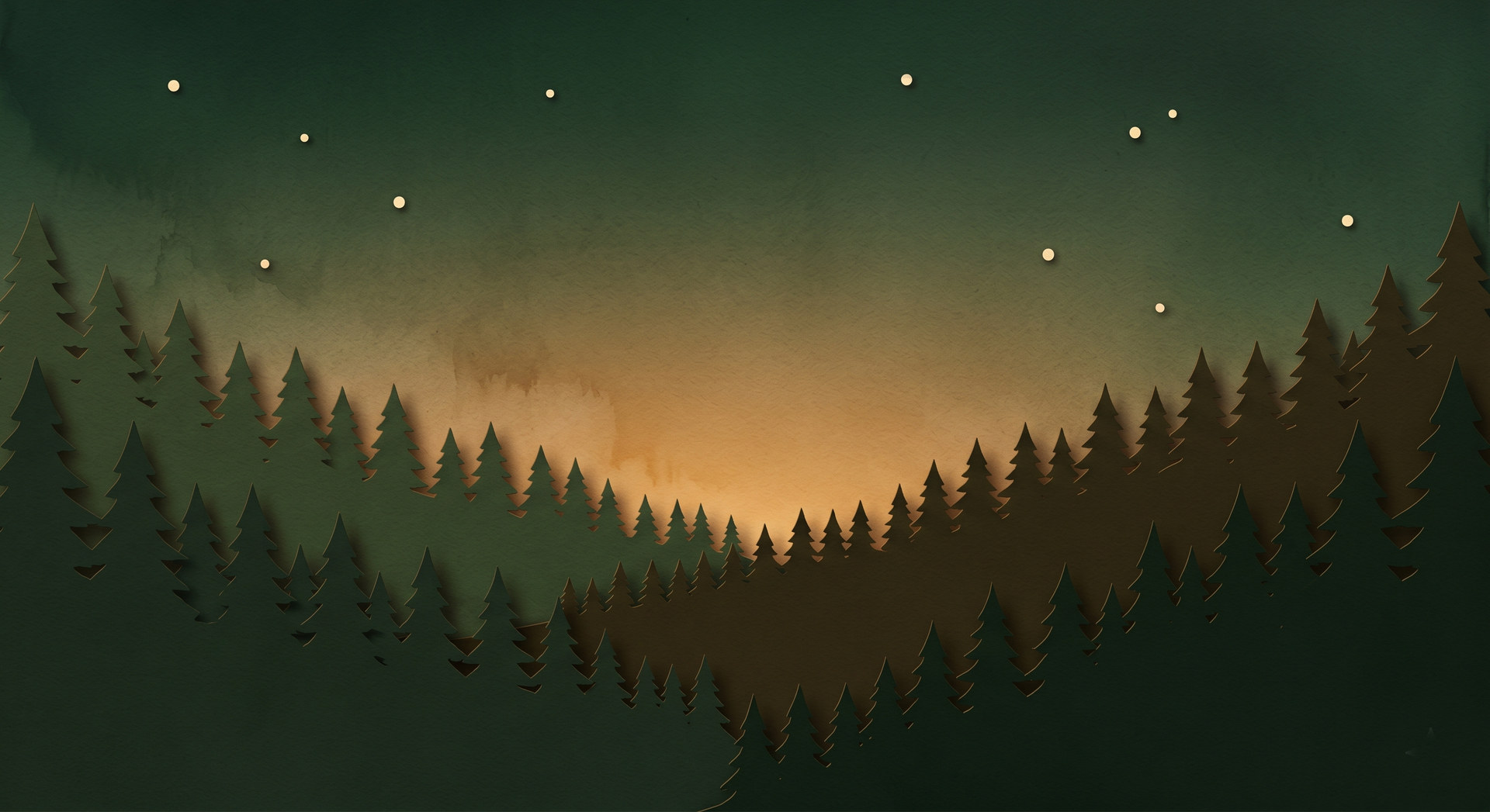 A quiet pine forest at last light with fireflies and an amber horizon glow, paper-craft scene.
