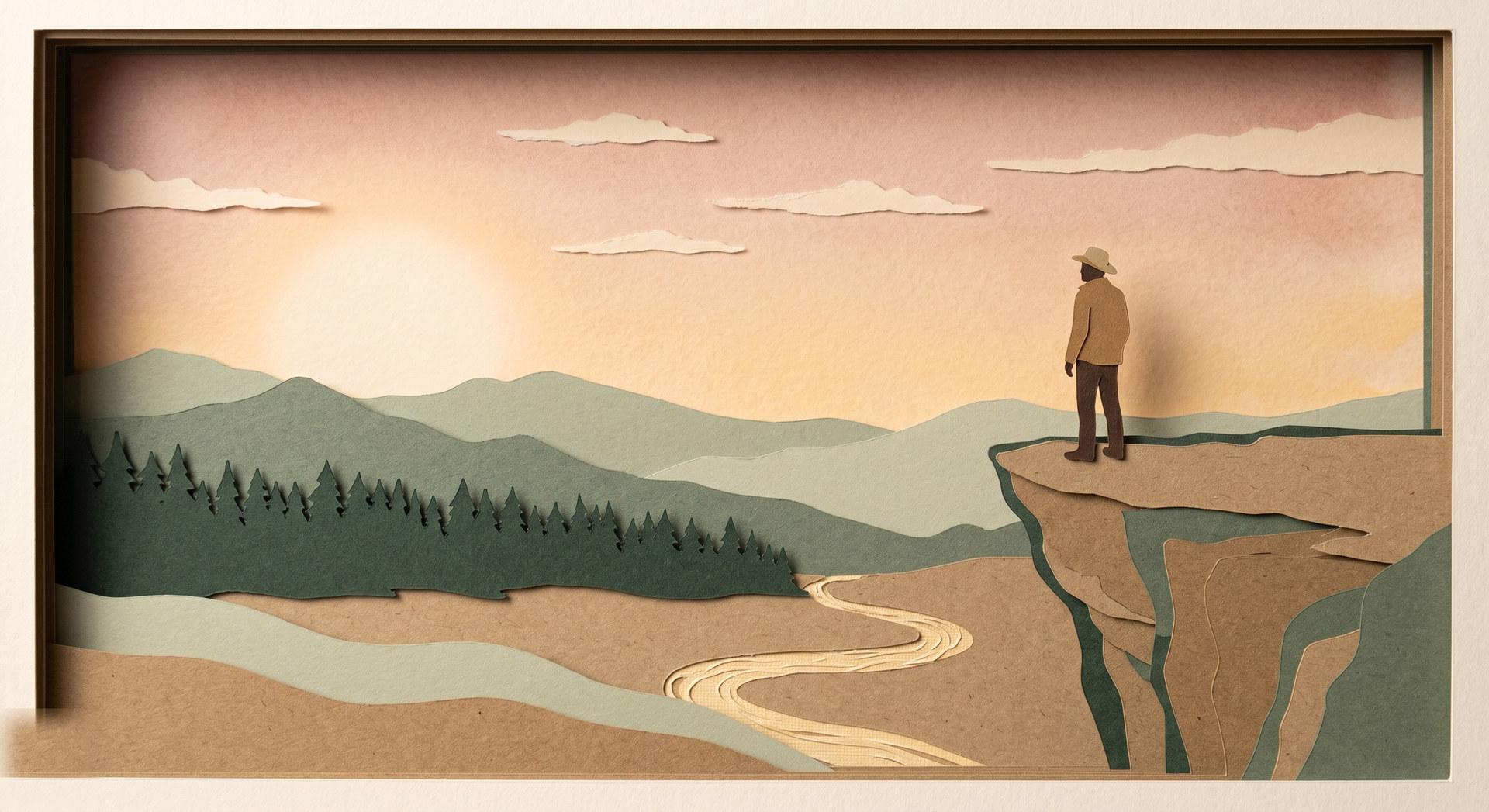 A figure stands on a layered paper cliff at dawn, looking out over a paper-cut valley with rolling hills, a winding river, and distant mountains.