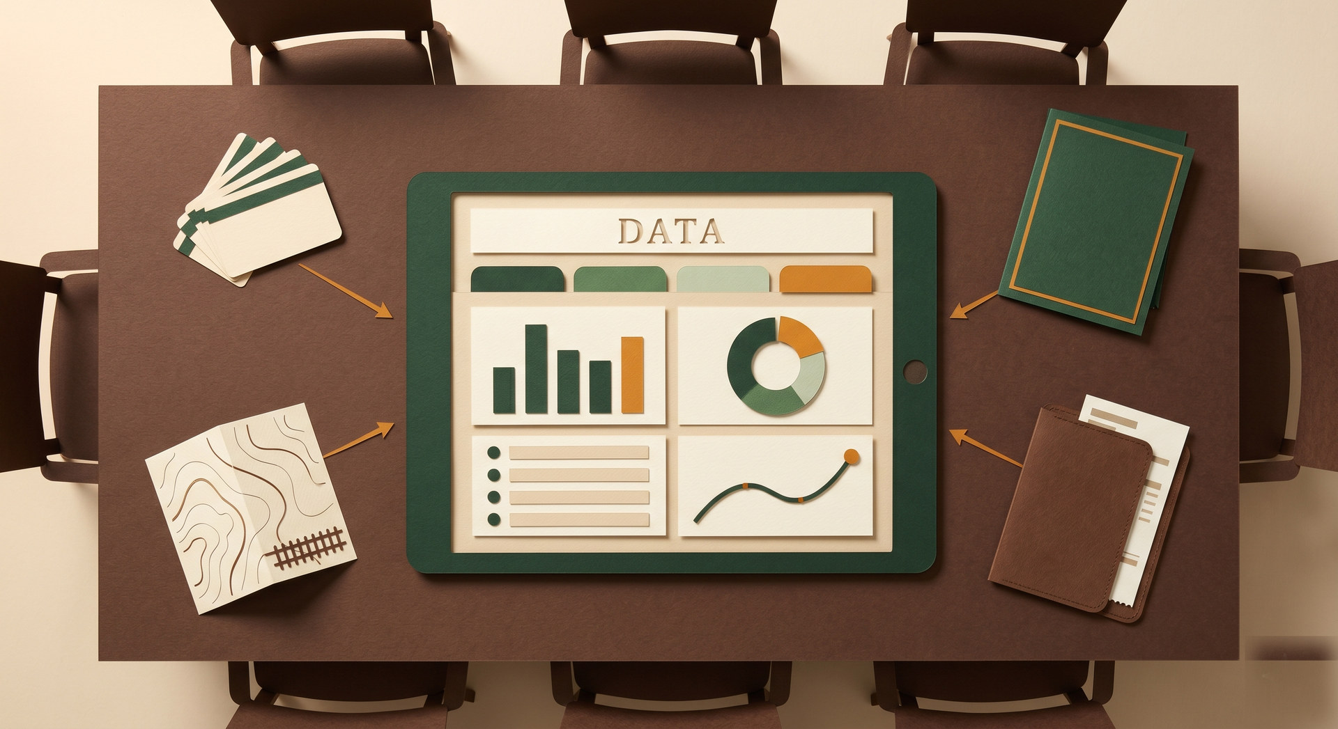 A paper-craft top-down view of a boardroom table with a tablet showing a consolidated DATA dashboard and four feeder artifacts arranged around it.