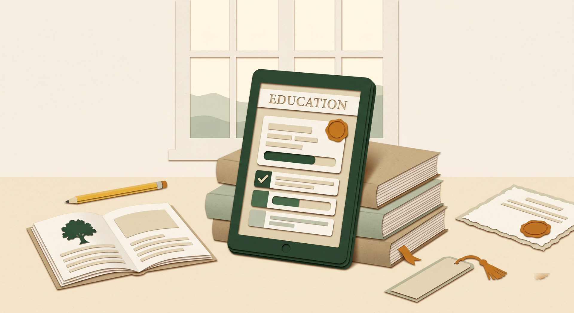A paper-craft tablet leaning on a stack of training manuals at a daylit study desk, an open field guide and certificate beside it.