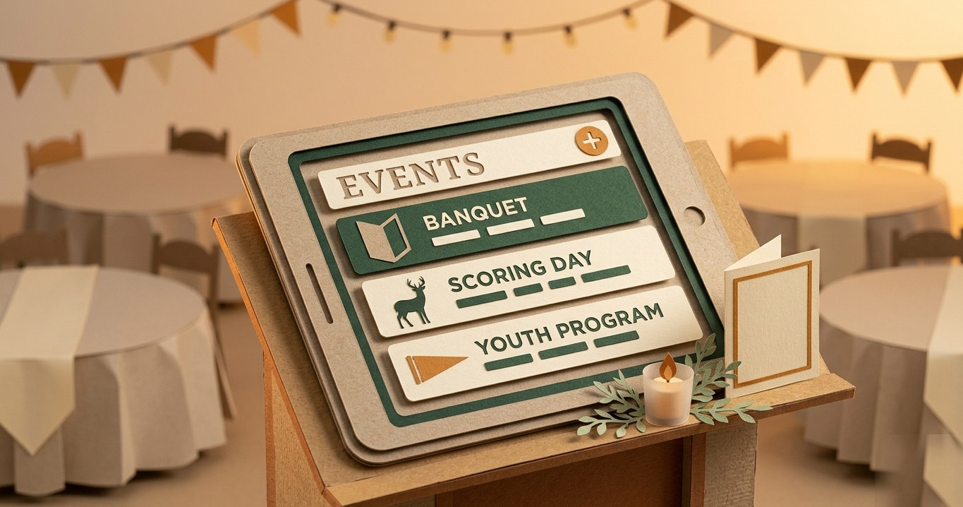 A paper-craft tablet on a banquet check-in podium showing an EVENTS list, a candle and program beside it, dinner tables in the background.