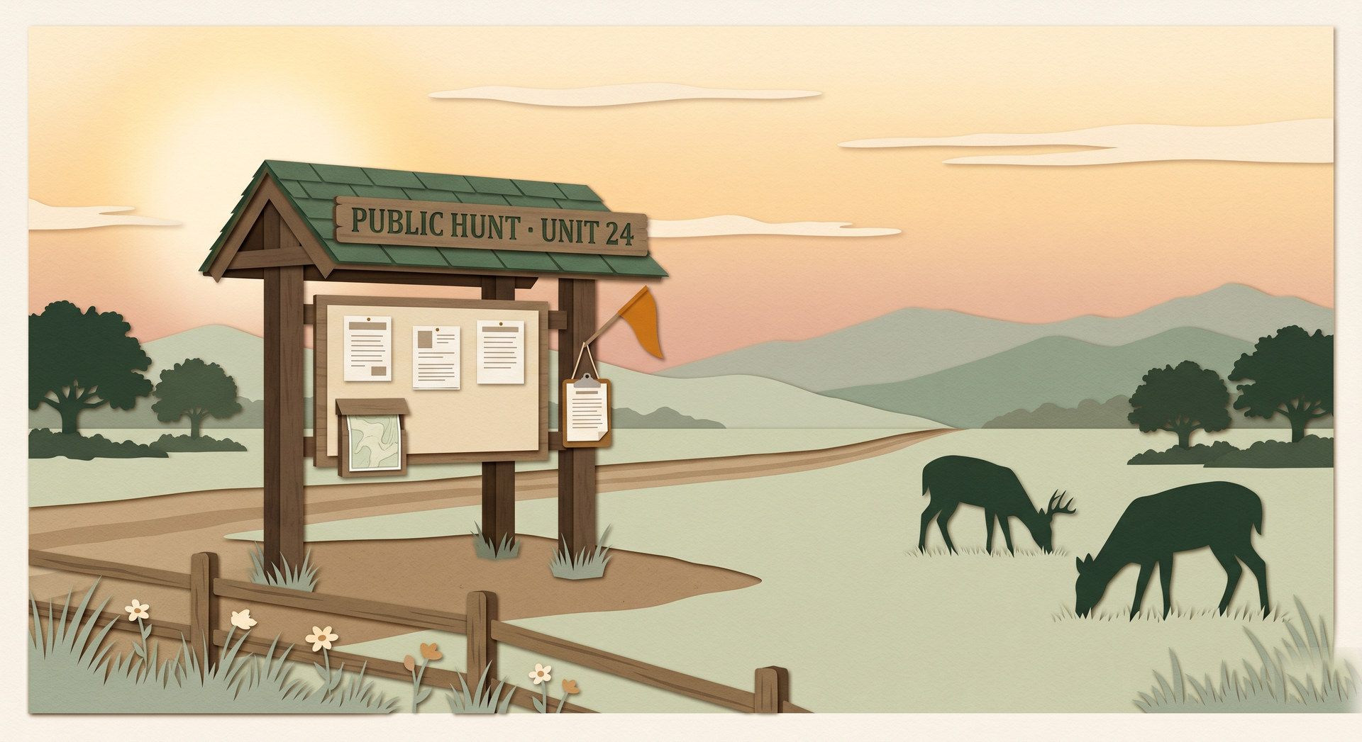 A state wildlife management area check station at dawn with two whitetail deer in the meadow, paper-craft scene.