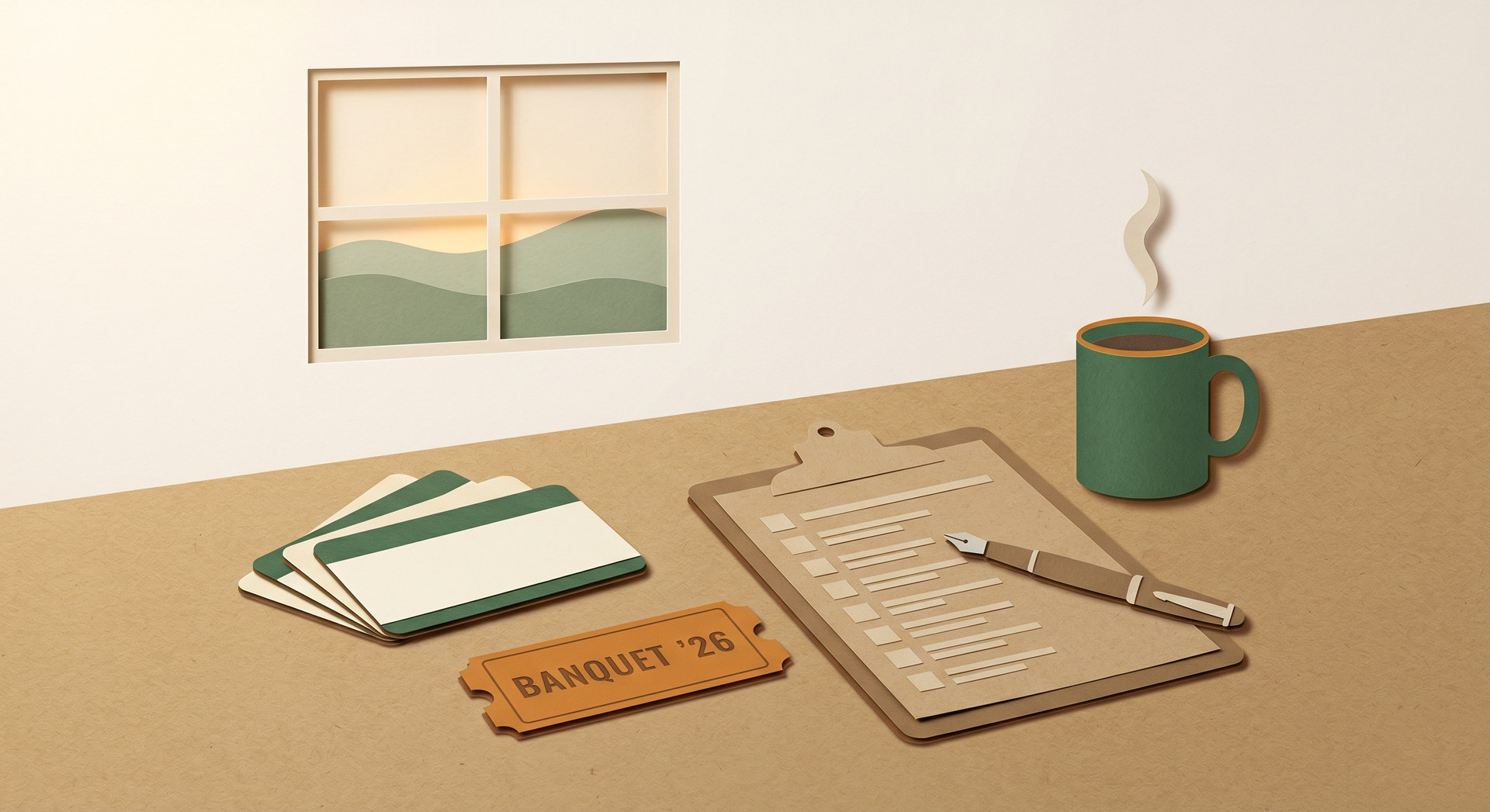 A wood desk with patron cards, a banquet ticket, and a clipboard, paper-craft scene of an association office.
