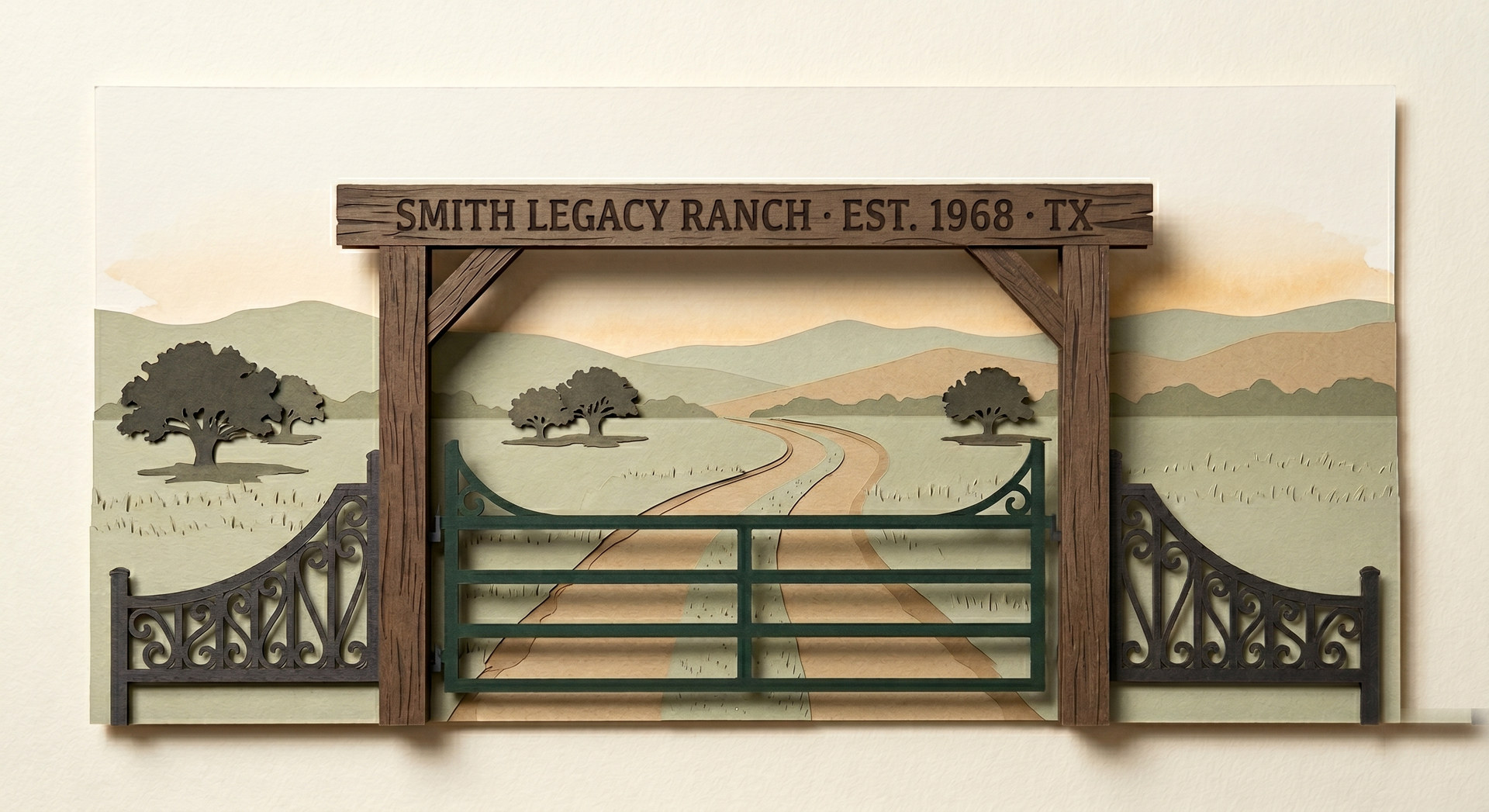A ranch entry gate with a carved overhead sign opening onto private working land, paper-craft scene.
