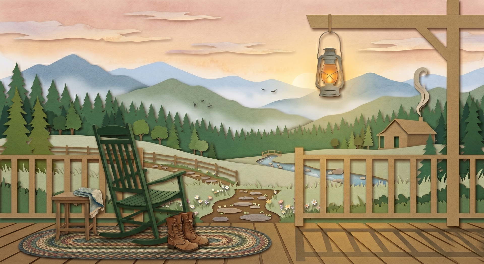 A lodge porch at golden hour with a rocking chair and lantern looking out over mountains, paper-craft scene.